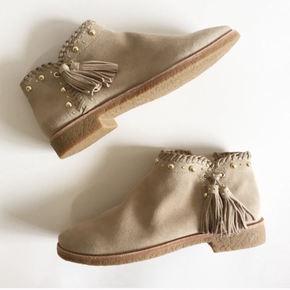 Kate Spade Bowie Taupe Studded Suede Tassel Bootie